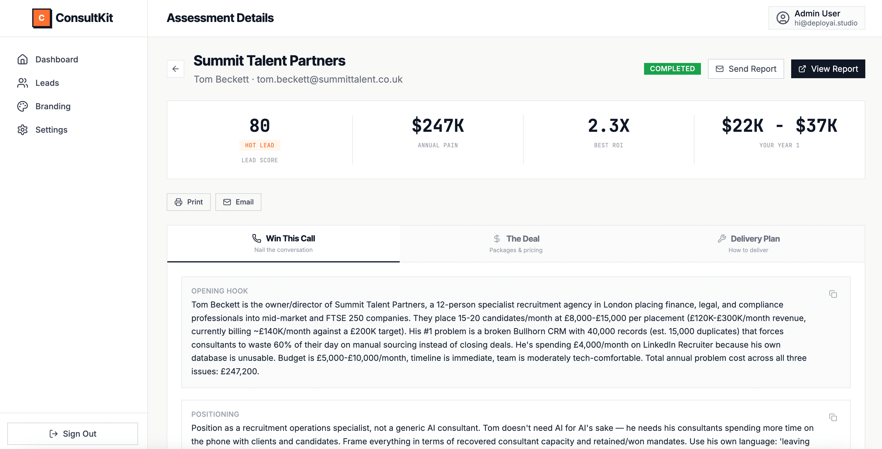 Prospect intel dashboard showing buyer profile and deal strategy