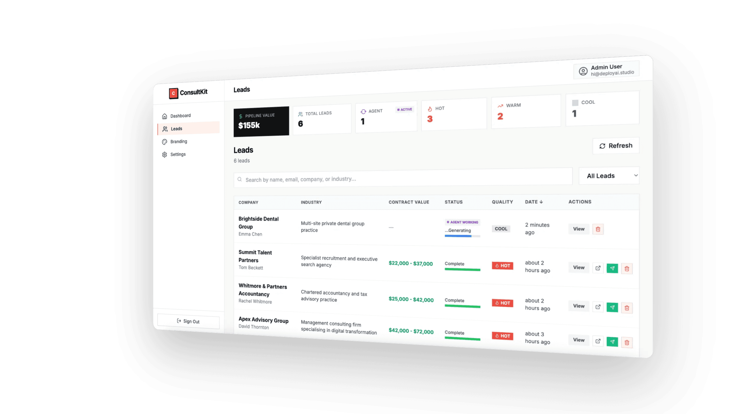 ConsultKit leads dashboard showing active pipeline with HOT and WARM leads