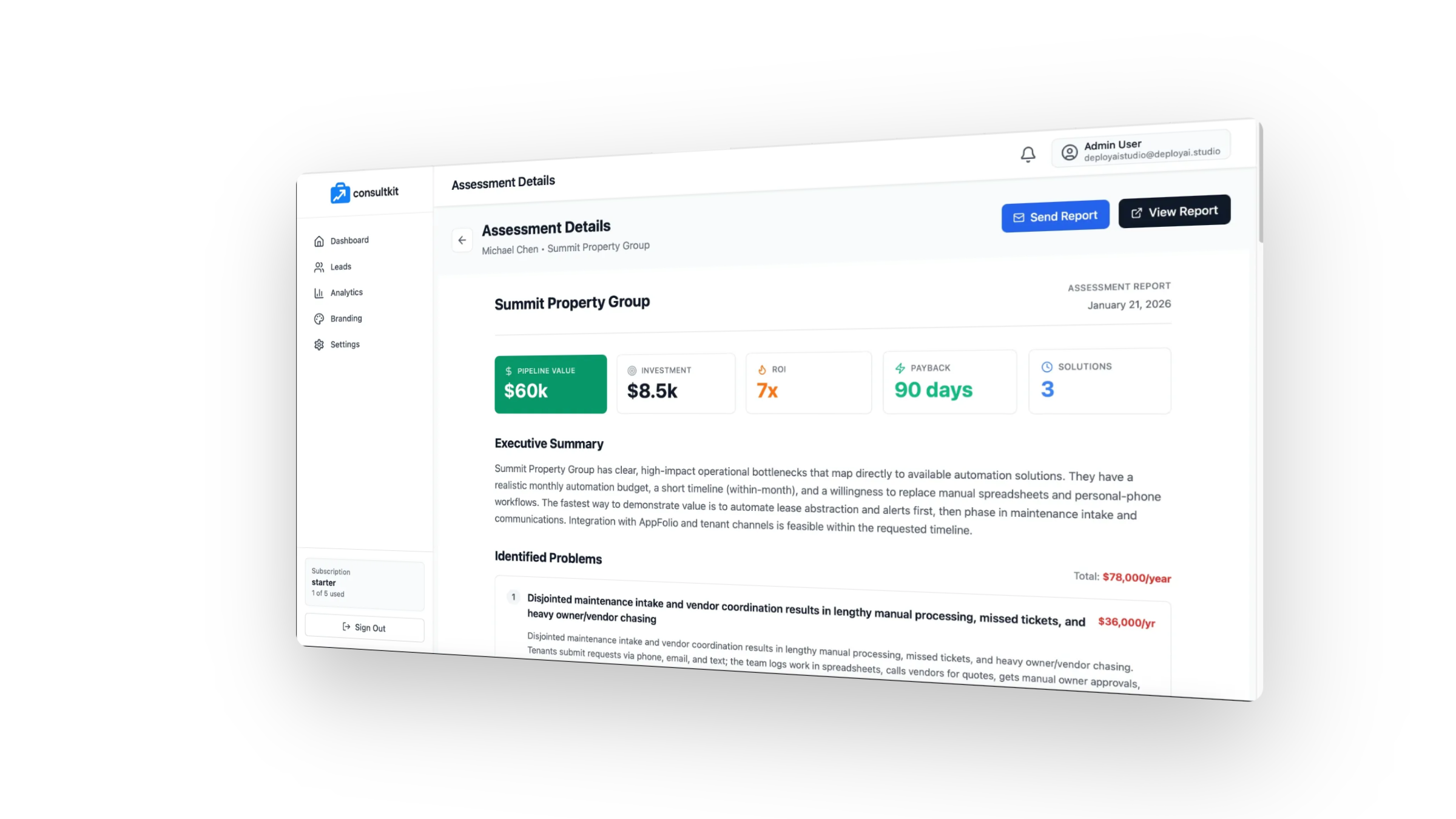 Assessment details showing pipeline value, ROI, and revenue breakdown